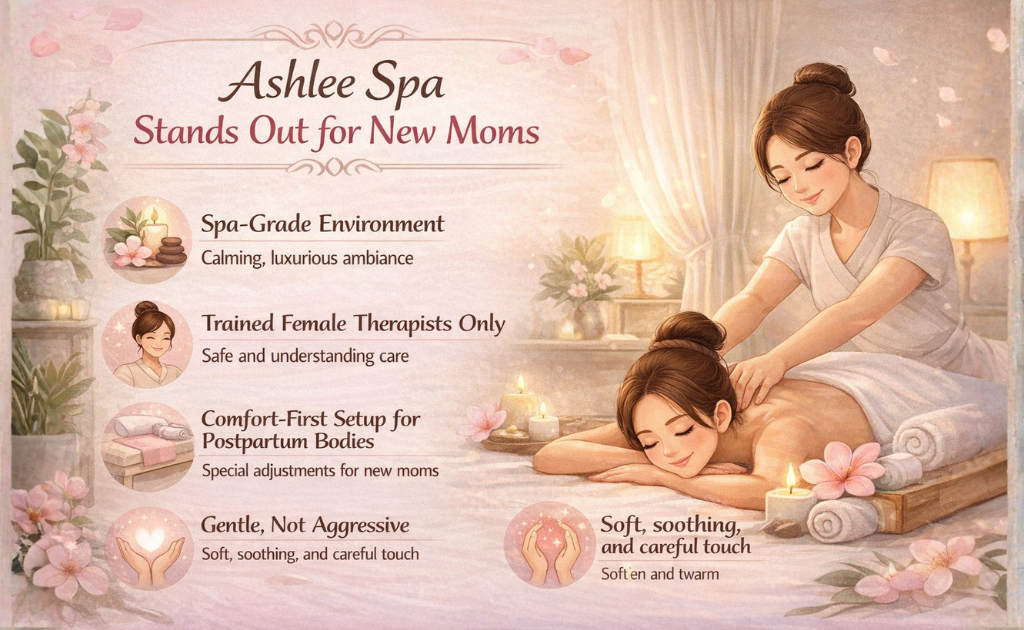 Ashlee Spa stands out for new moms in Chennai with spa-grade environment, trained female therapists, comfort-first postpartum setup, and gentle post pregnancy massage care.