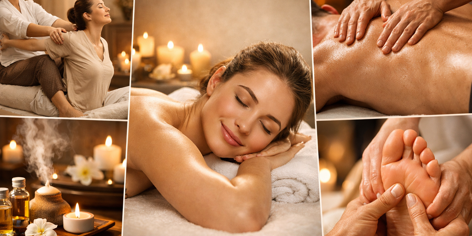 Luxury spa massage services in massage center in nungambakkam collage featuring Thai massage, Swedish massage, deep tissue massage, aromatherapy massage, and foot reflexology in a calm premium spa ambiance.