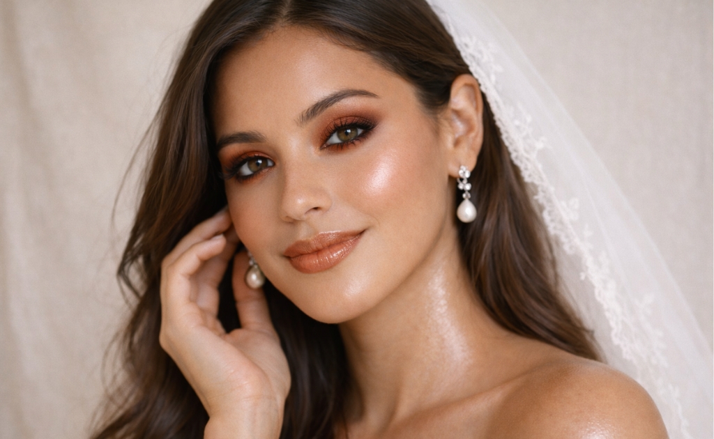 South Asian bride wearing a copper glam bridal makeup look with warm metallic eyeshadow, glowing skin, nude glossy lips, and soft waves under a veil, accessorized with pearl drop earrings against a neutral background.