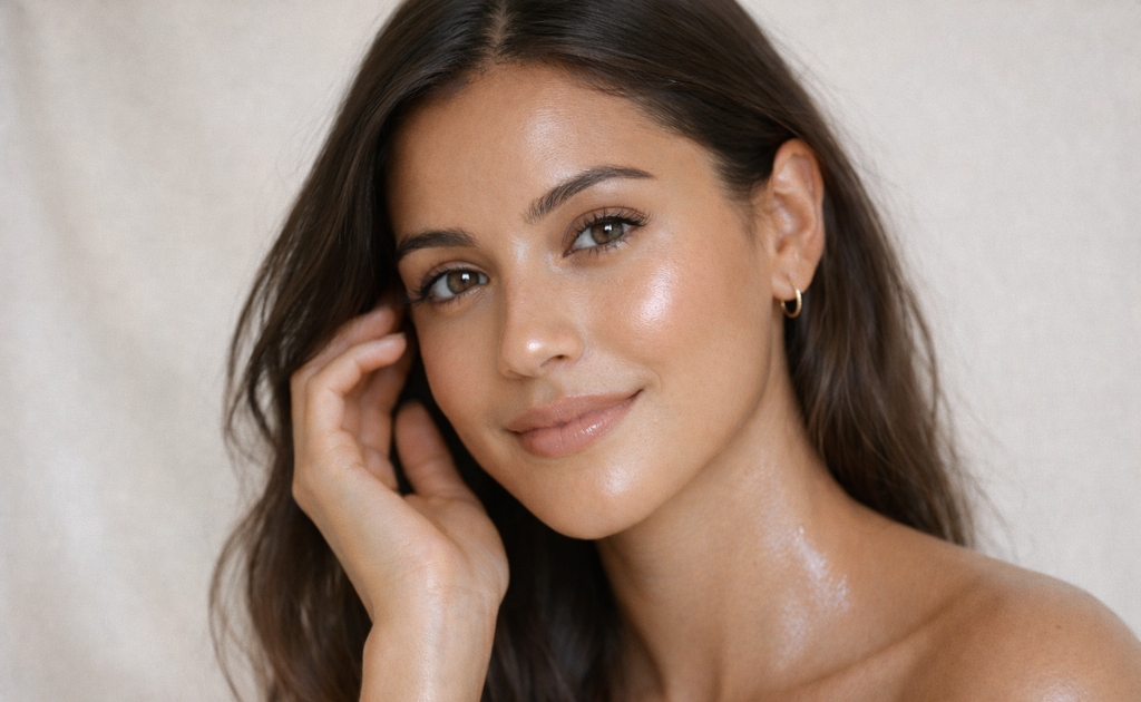 Close-up of a woman with radiant, dewy skin and minimal glam, showcasing a fresh Pre Wedding Makeup Looks style with a clean girl glow, soft brows, nude lips, and natural lighting against a light background.