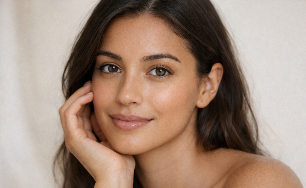 Close-up portrait of a woman with a natural “no-makeup” makeup style, soft glowing skin and neutral tones, representing Pre Wedding Makeup Looks, with a relaxed expression against a light background.