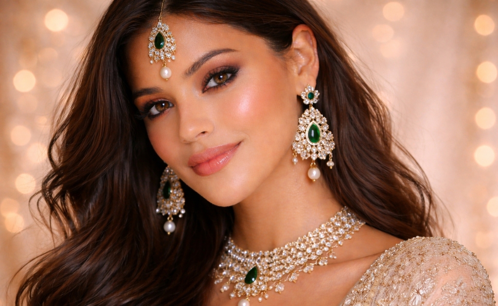 South Asian woman in a glamorous Sangeet look featuring bronze smokey eye makeup, glowing skin, nude glossy lips, and elaborate emerald and diamond jewelry, dressed in a champagne-toned embroidered outfit with warm festive lights in the background.