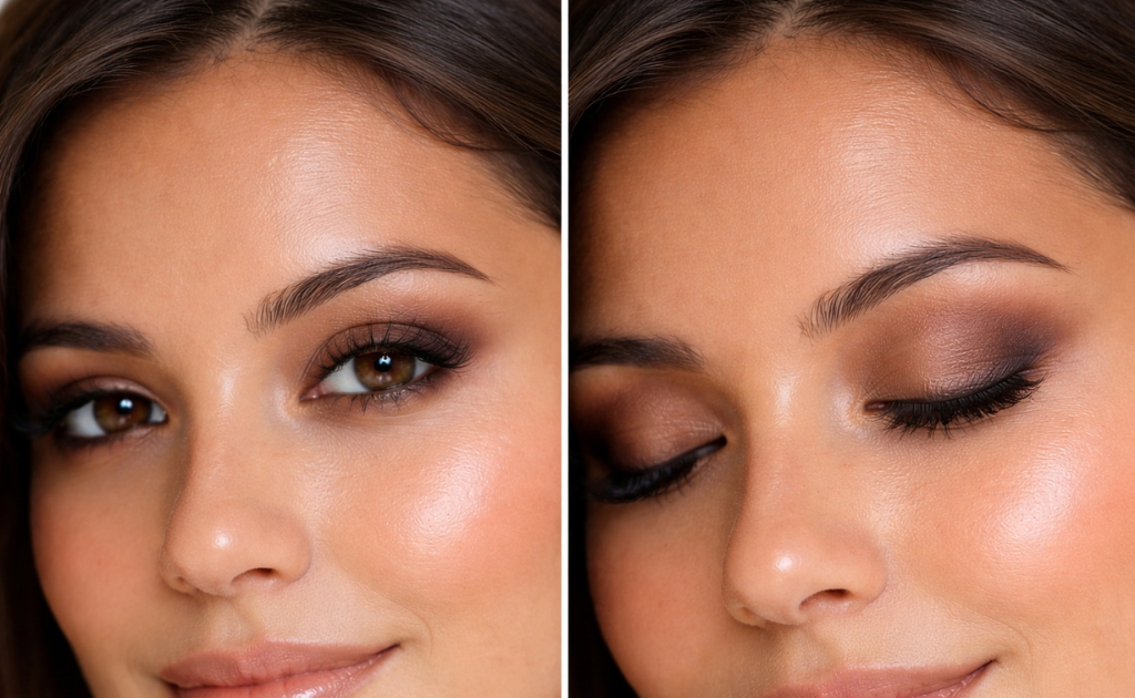 Close-up of a woman’s eyes showcasing soft brown smokey eye makeup with blended warm tones, defined eyeliner, long lashes, and neatly shaped brows, highlighted by glowing skin and natural nude lips.