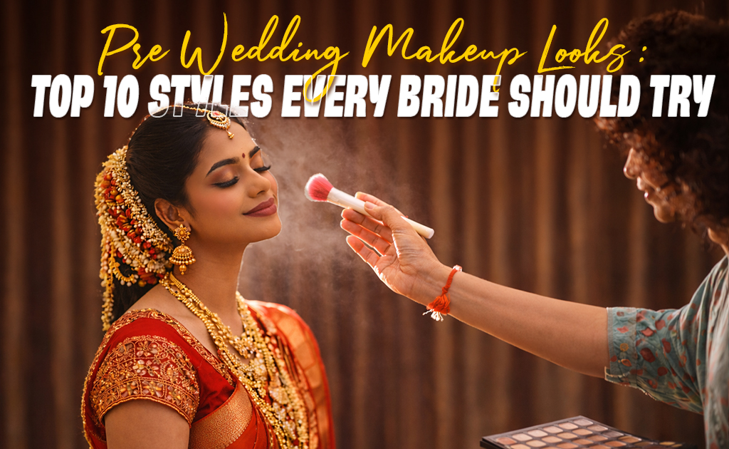 Pre-wedding bridal makeup session with a South Indian bride in traditional red saree and gold jewelry, eyes closed while an artist applies blush with a brush, warm studio background with title text “Pre Wedding Makeup Looks: Top 10 Styles Every Bride Should Try.