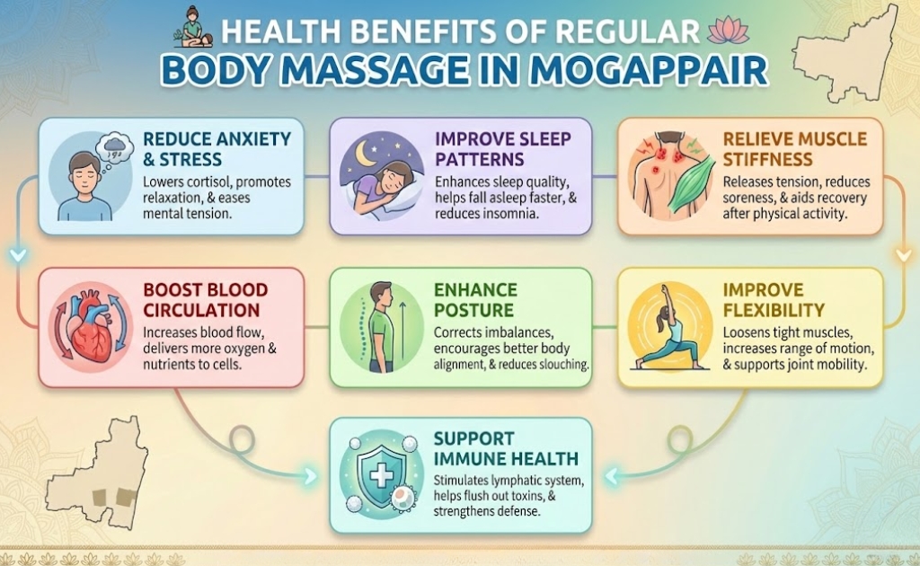 Health benefits of body massage at Massage Center in Mogappair – stress relief, better sleep, and improved circulation infographic