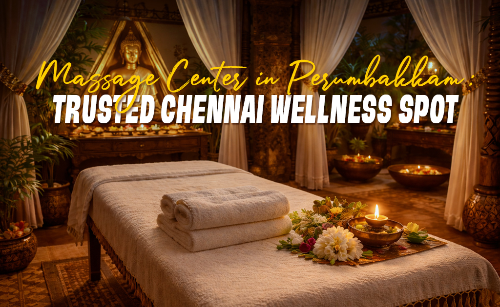 Luxury spa room interior at trusted massage center in Perumbakkam Chennai with candles and massage table