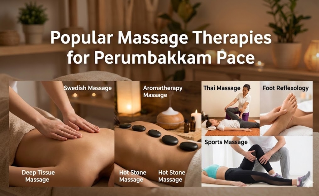 Popular massage therapies at a leading massage center in Perumbakkam including Swedish, Thai, and deep tissue massage