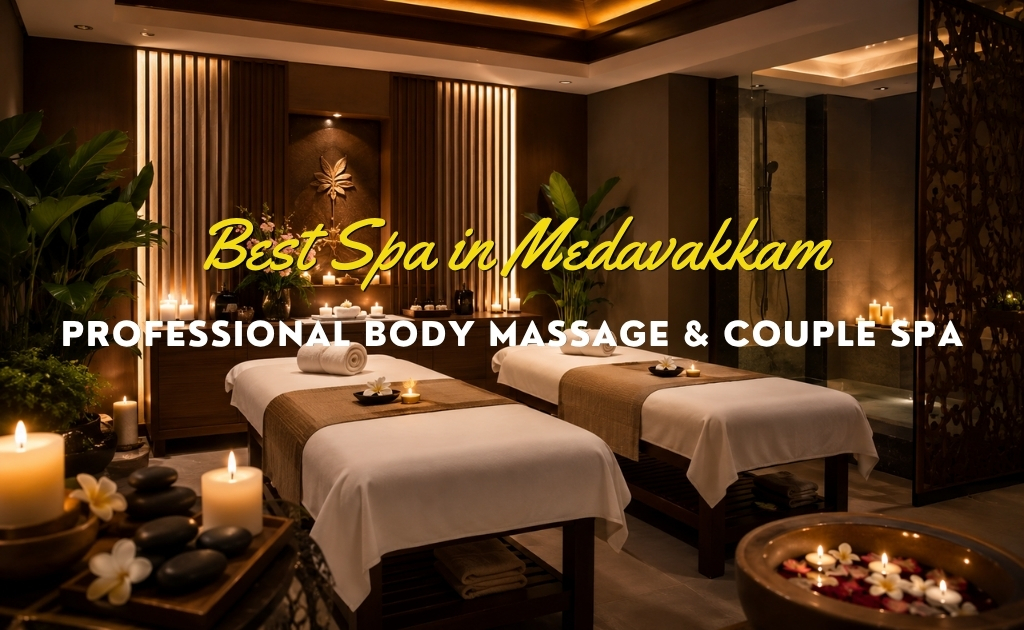 Premium spa interior at Ashlee Spa in Medavakkam with calming ambiance, luxury massage reception, warm lighting, and elegant wellness decor
