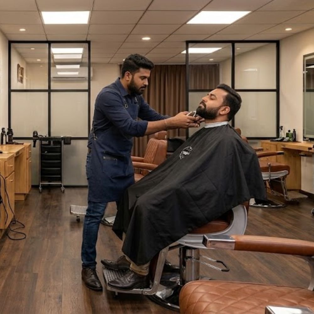 Men's haircut and beard styling at our salon in Velachery