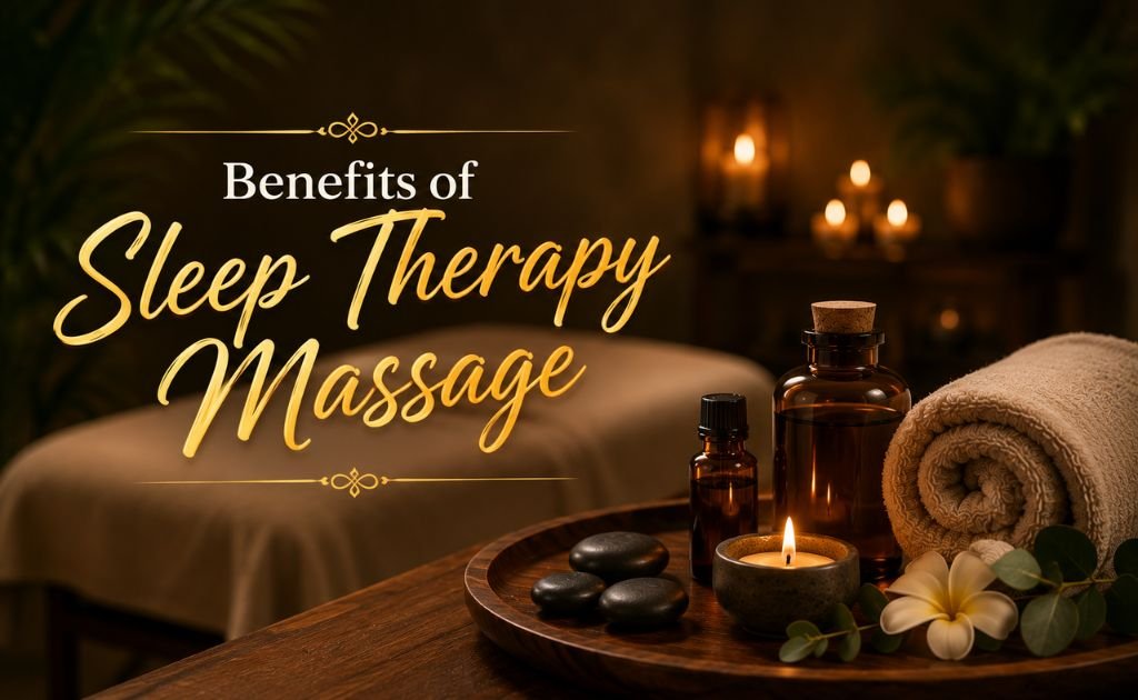 Benefits of Sleep Therapy Massage featuring essential oils, hot stones, candles, and luxury spa accessories for deep relaxation