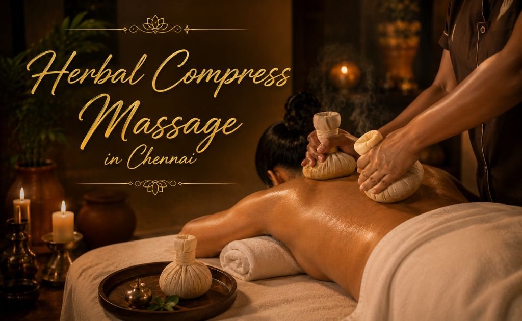 Therapist pressing a warm herbal compress onto a client's upper back during a massage