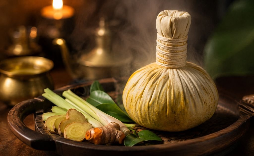 Steamed cotton herbal compress massage in chennai on a wooden tray beside lemongrass, ginger, turmeric and kaffir lime leaves