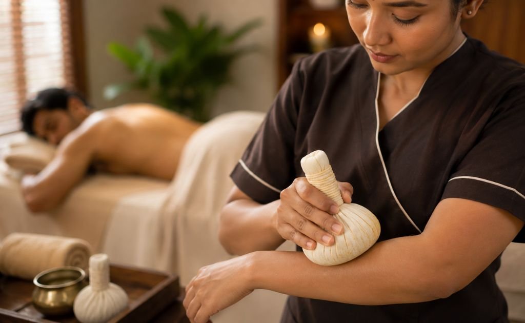 Therapist testing the temperature of a herbal compress on her forearm before a massage session