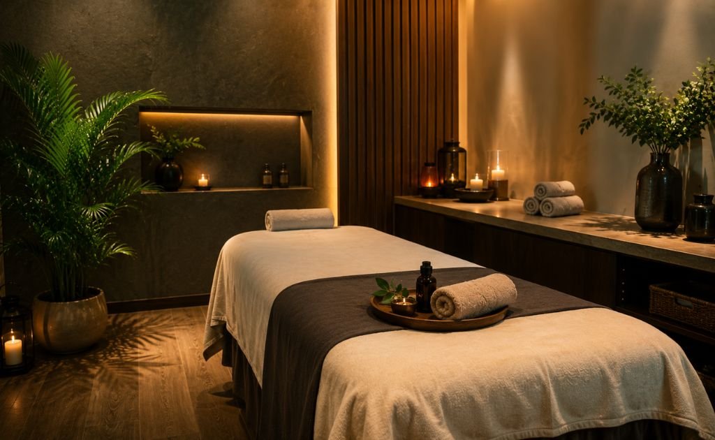 Peaceful spa treatment room prepared for a relaxation massage