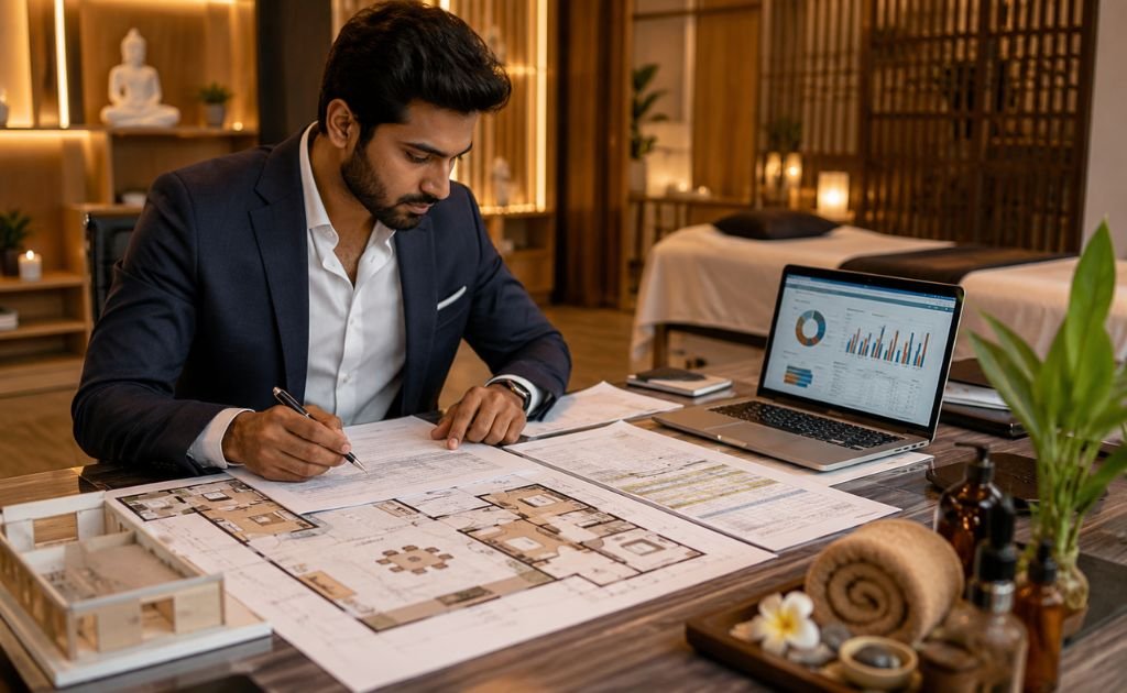 Investor reviewing spa franchise investment cost breakdown, floor plan and financial projections