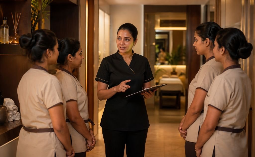 Spa franchise training and operations – manager and therapists reviewing service standards