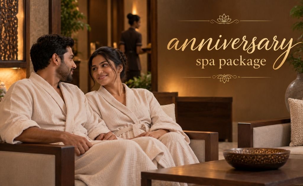 Couple seated together in spa robes waiting for their anniversary spa session in a calm Chennai spa lounge
