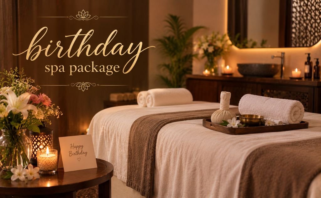 Spa treatment room set up for a birthday visit with towels, candles and a small birthday card