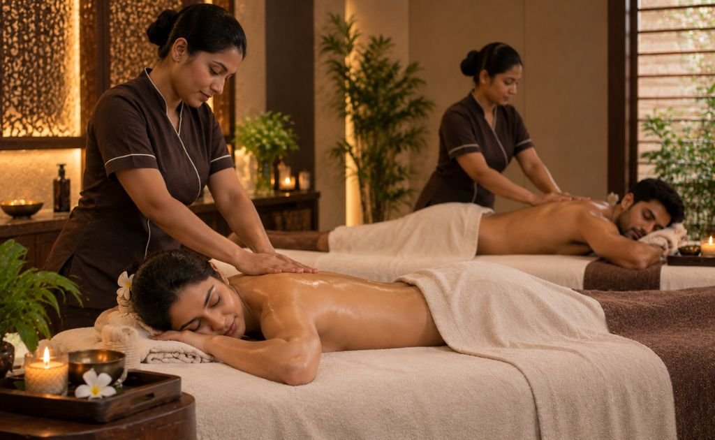 Couple relaxing in a spa seating area after their treatment, planning the rest of their anniversary evening