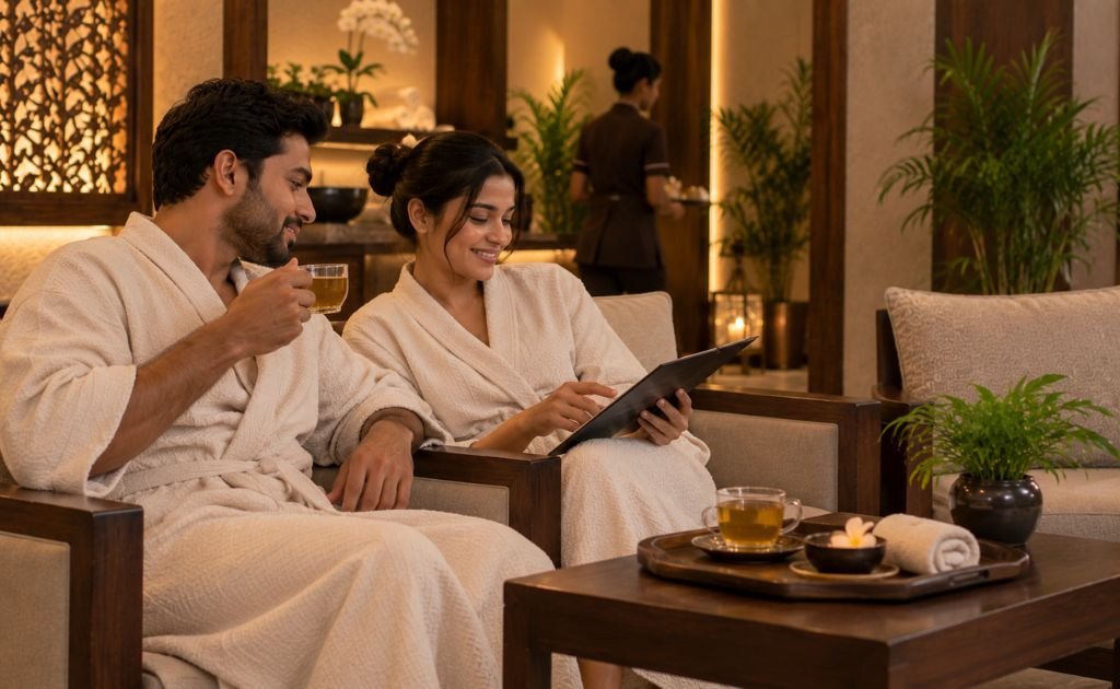 Couple relaxing in a spa seating area after their treatment, planning the rest of their anniversary evening
