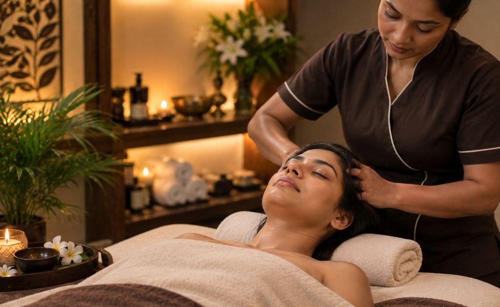 Guest relaxing during a head and shoulder massage at a Chennai spa on their birthday