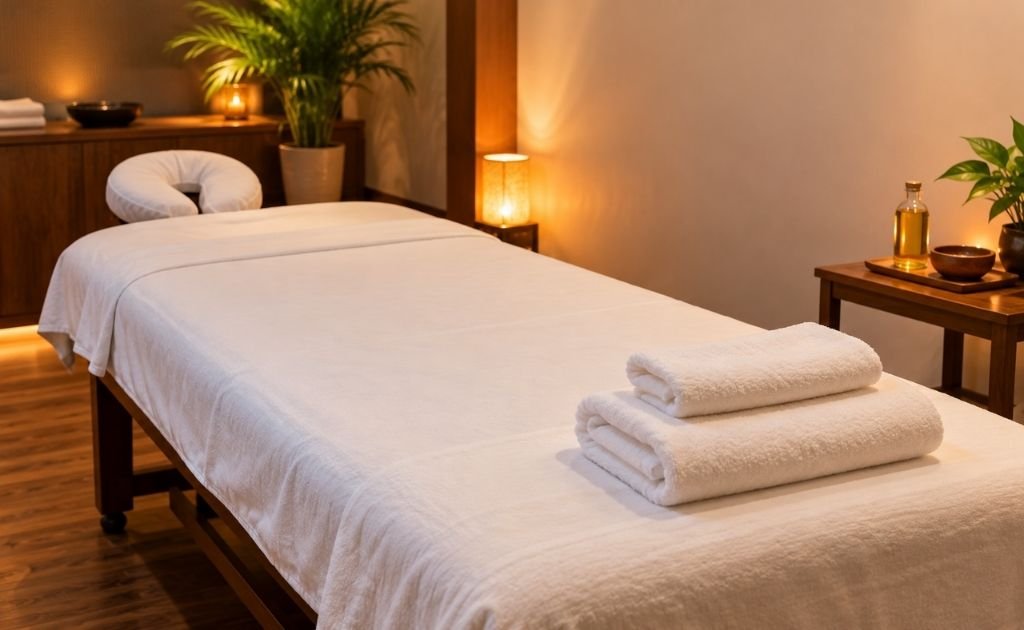 Massage bed with fresh folded towels in a softly lit spa treatment room